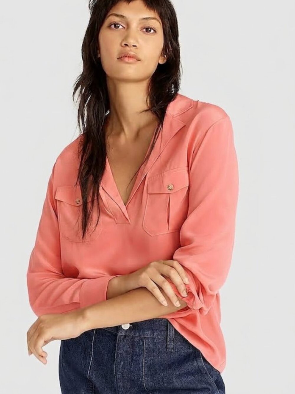 NWT J. Crew | Silk Patch Pocket Popover Shirt Long Sleeve Rose Pink | Size XS